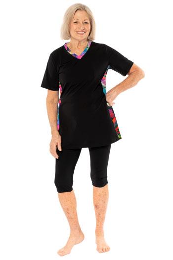 Extended Length Rash Guard Chlorine Proof HydroChic Black Geo Splash S by HydroChic