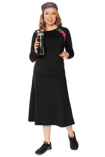 Activewear Long Swim and Sports Skirt 28" – Chlorine Proof & UPF 50+ (with Attached Leggings)