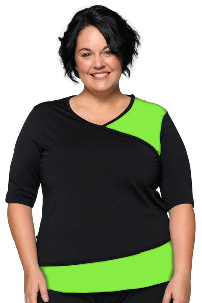 Faux Wrap V-neck Swim Top - Black Lime - Chlorine Proof