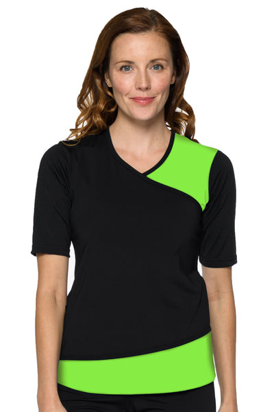Faux Wrap V-neck Swim Top - Black Lime - Chlorine Proof