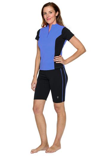 Knee Length Swim Shorts with Accent Piping - Chlorine Proof